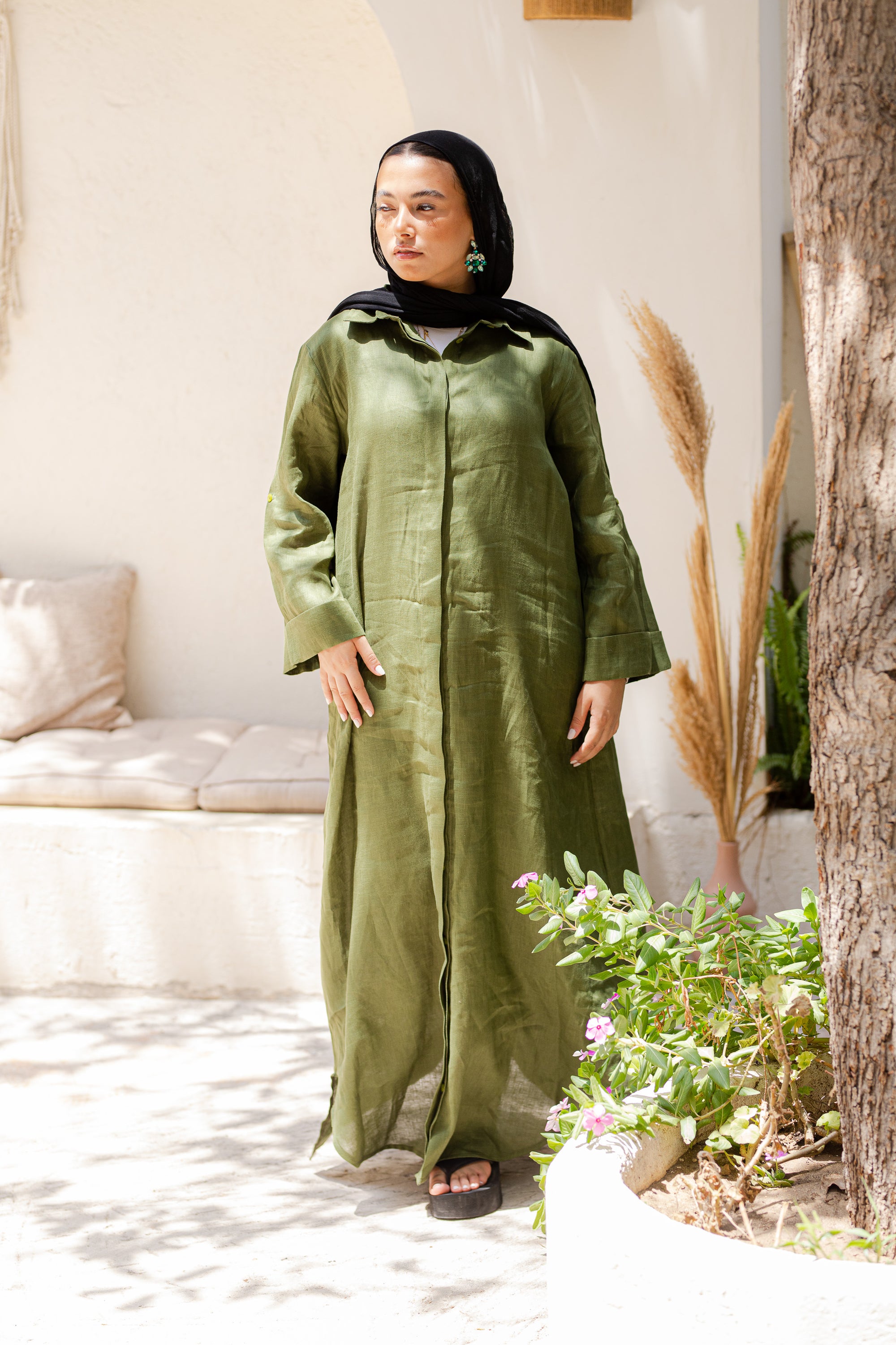 Khaki Pure Linen Dress