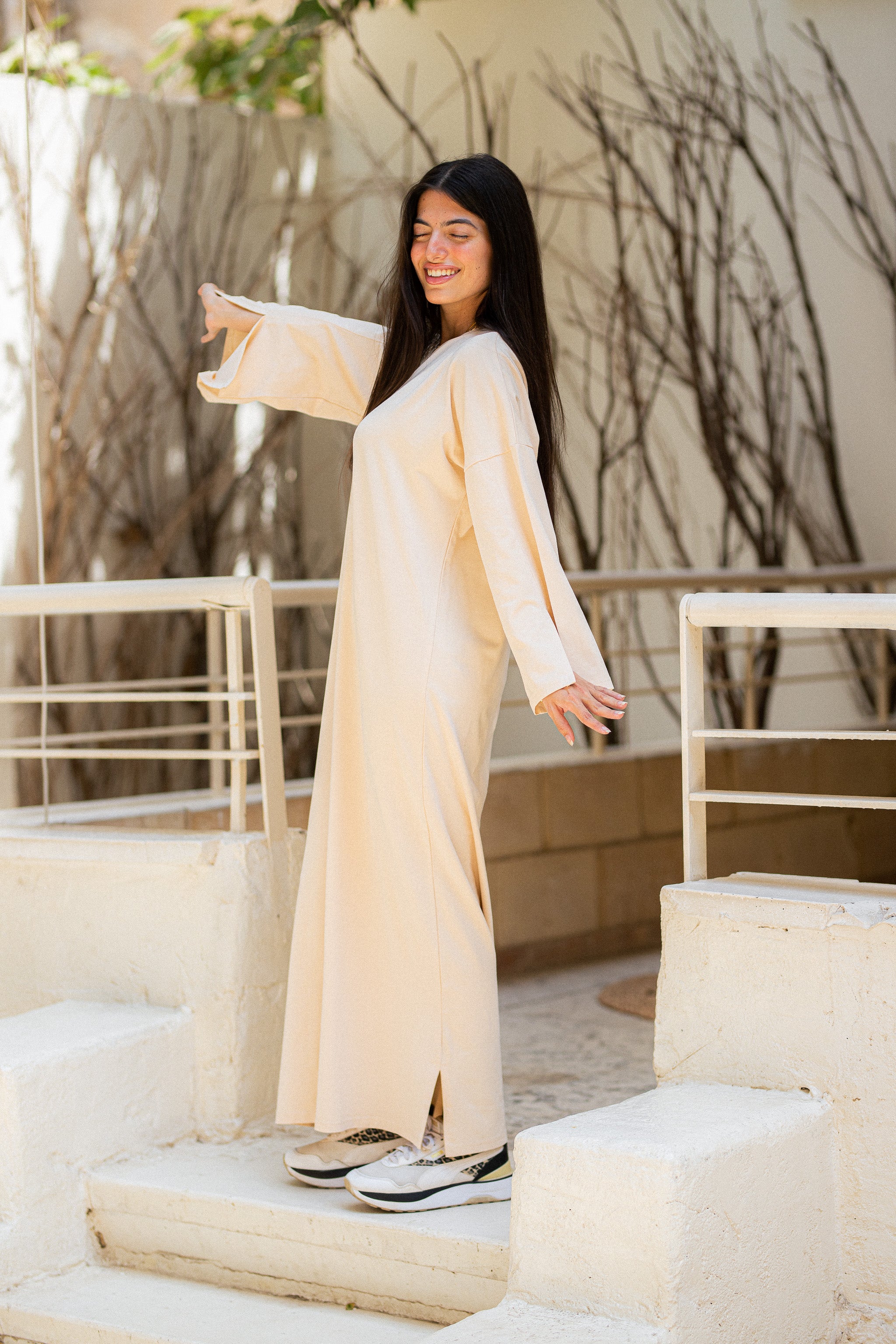 Beige vent sleeve shirt dress