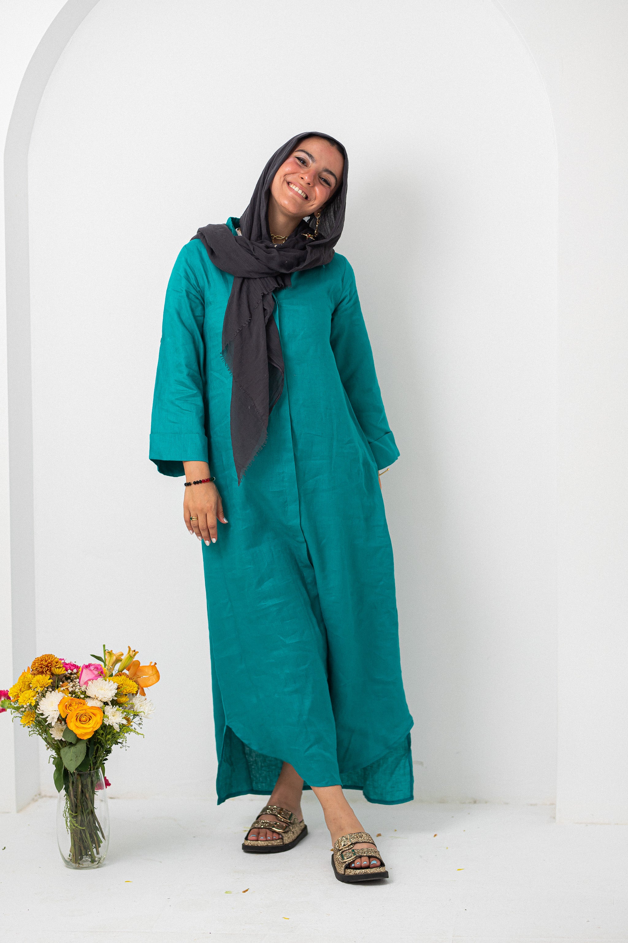 Teal Pure Linen Dress