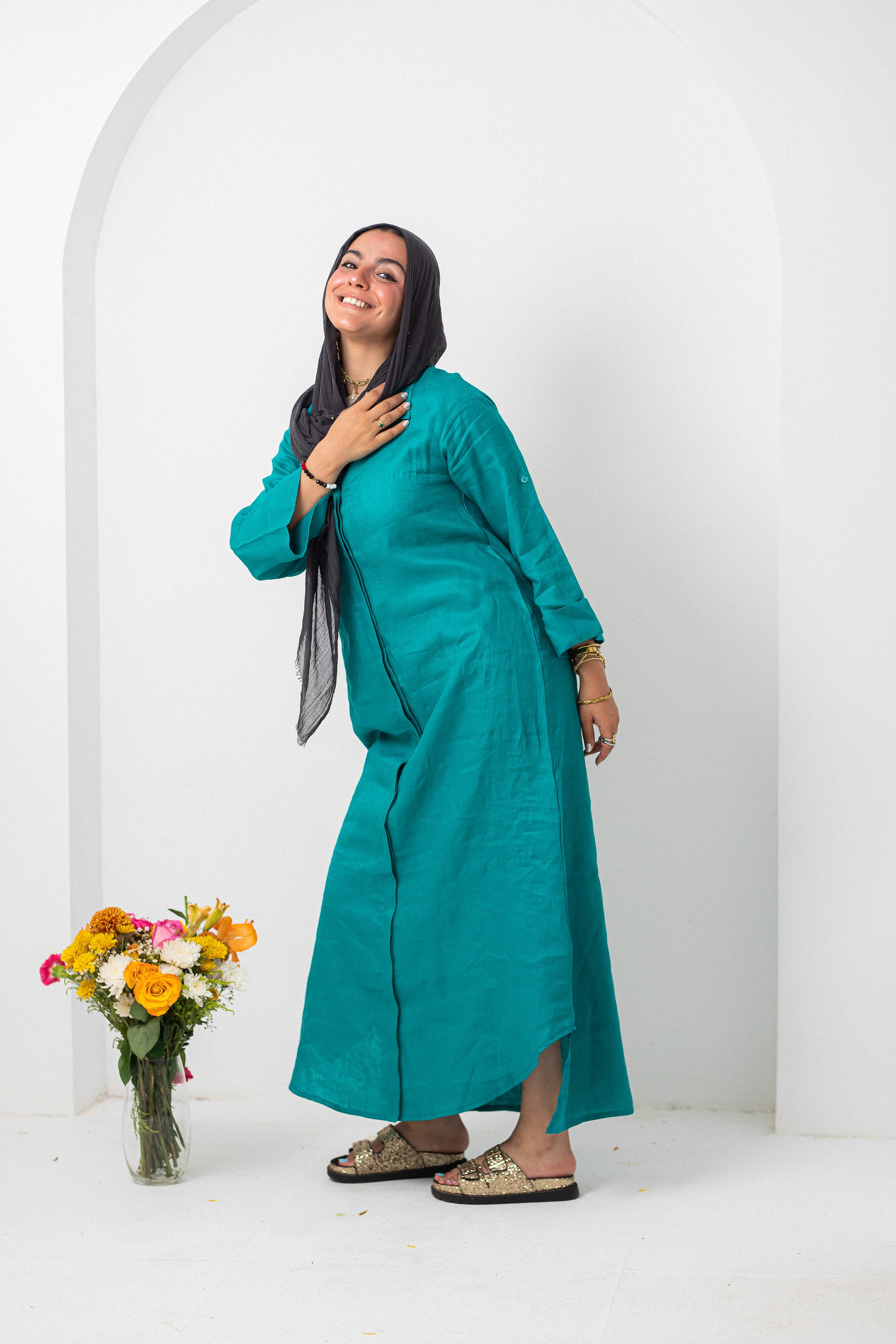 Teal Pure Linen Dress