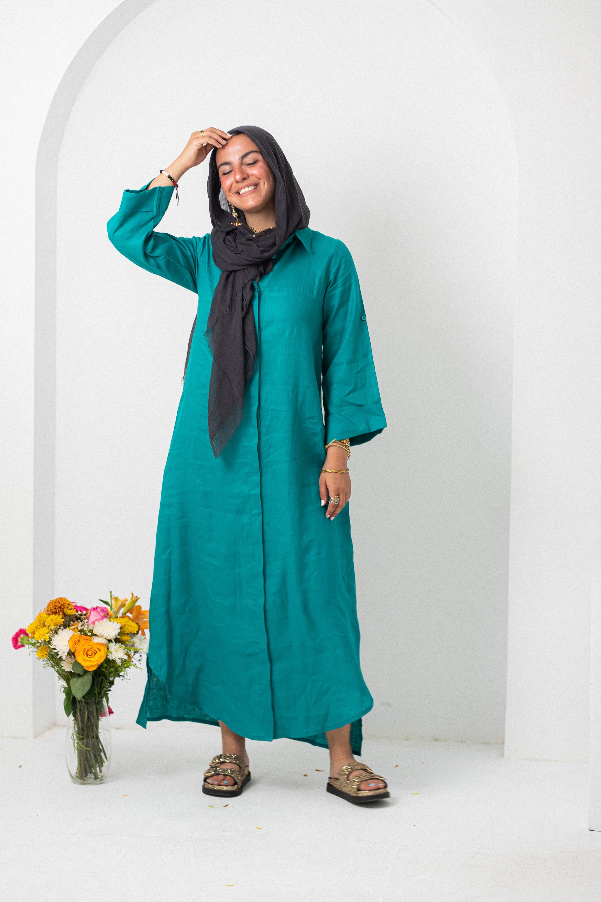 Teal Pure Linen Dress