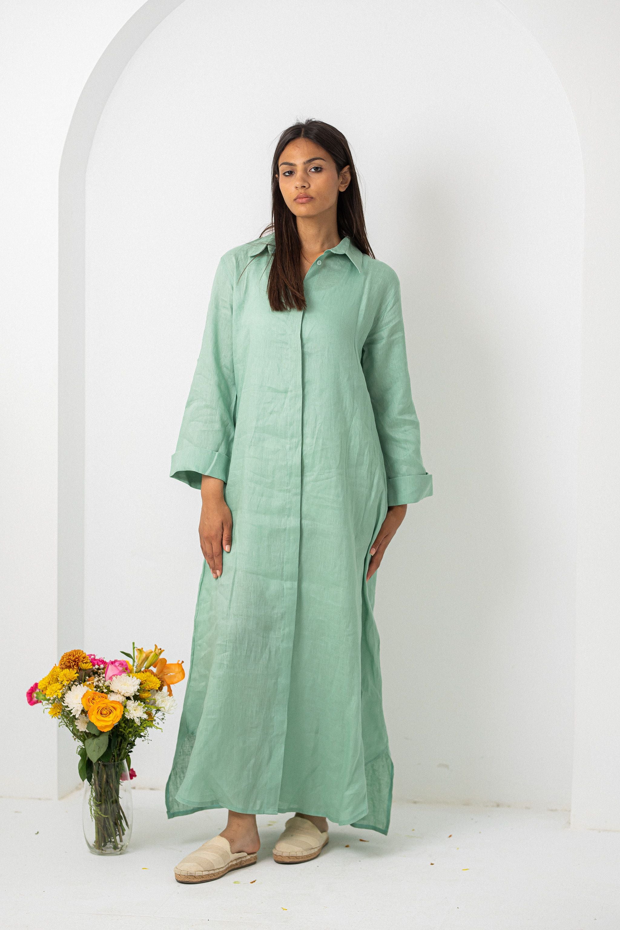 Olive Pure Linen Dress