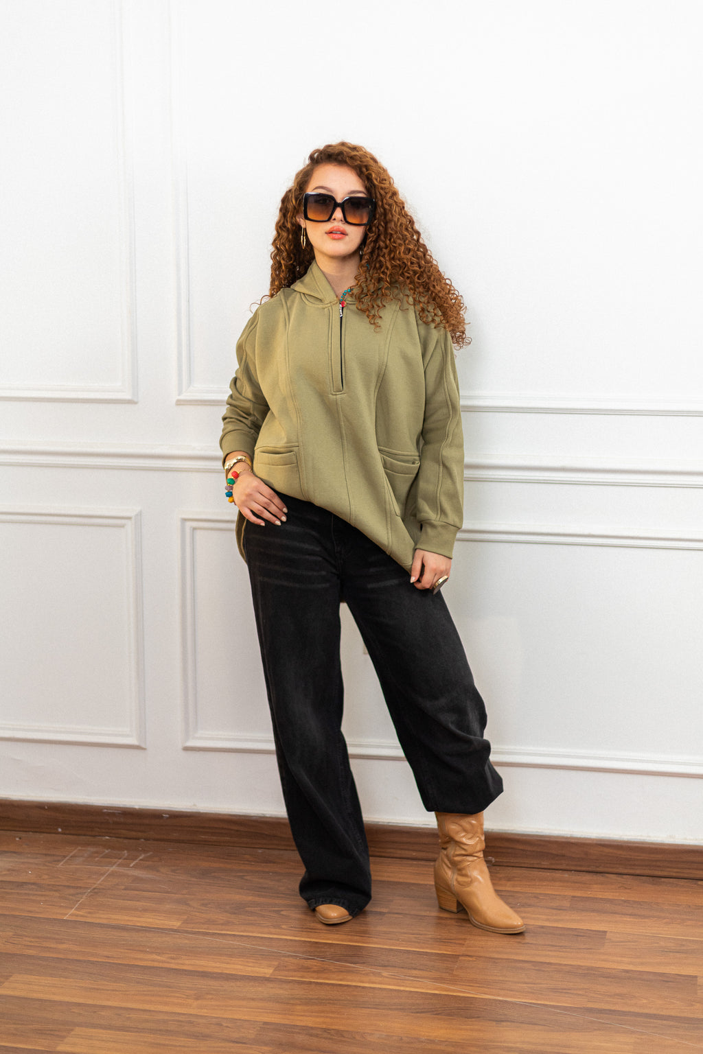 Khaki Rib sleeved hoodie