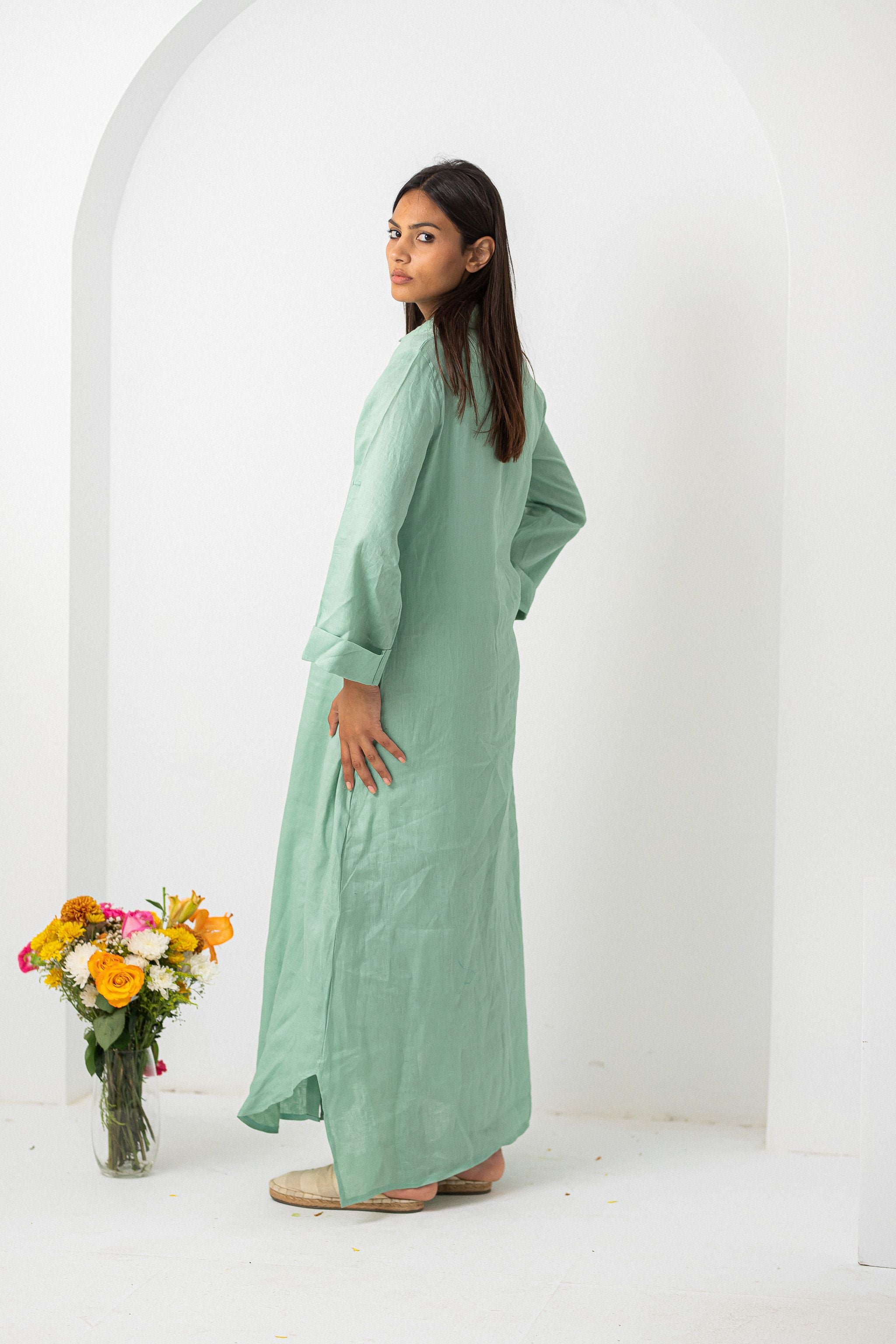 Olive Pure Linen Dress