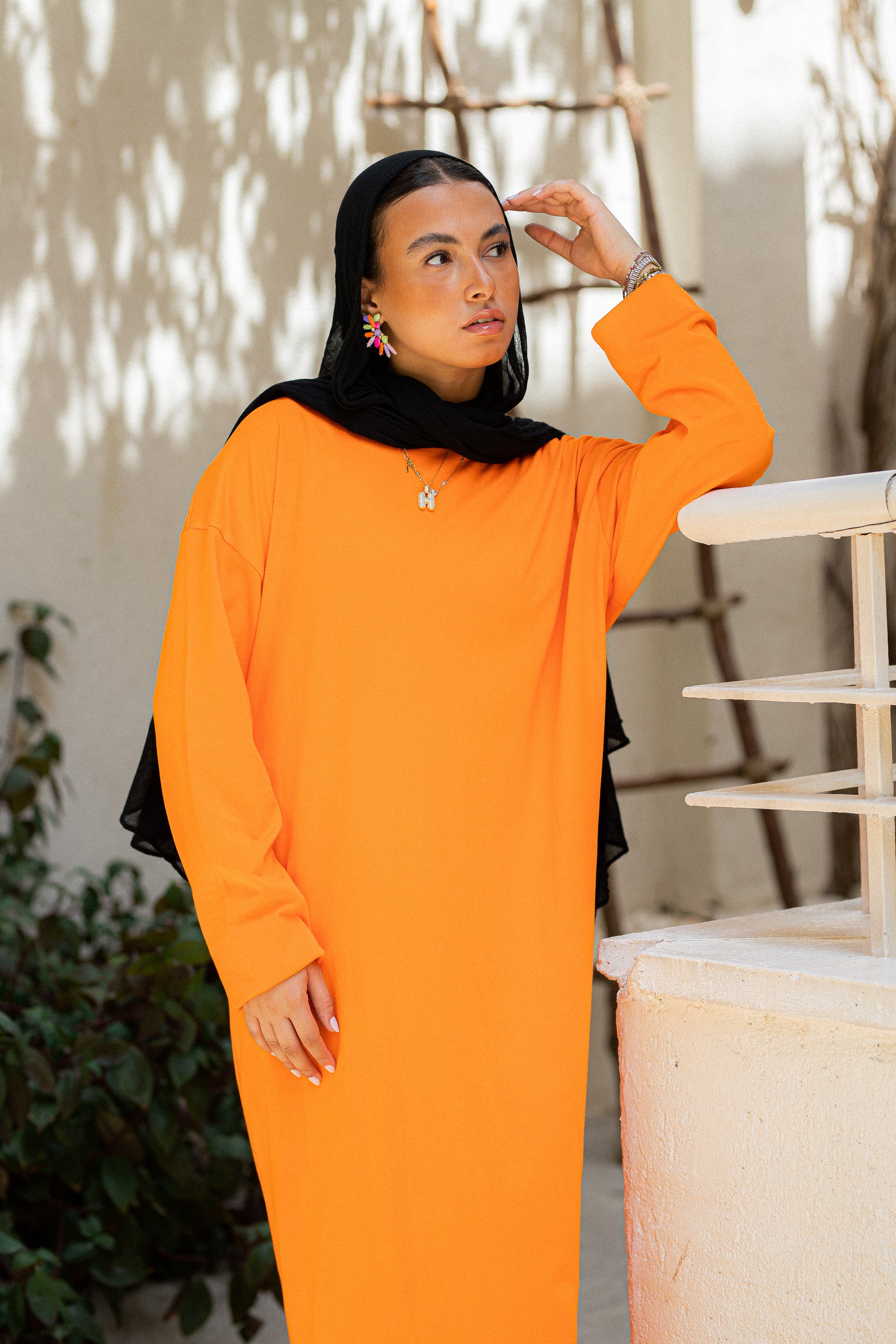 Orange Oversized Long sleeve shirt dress