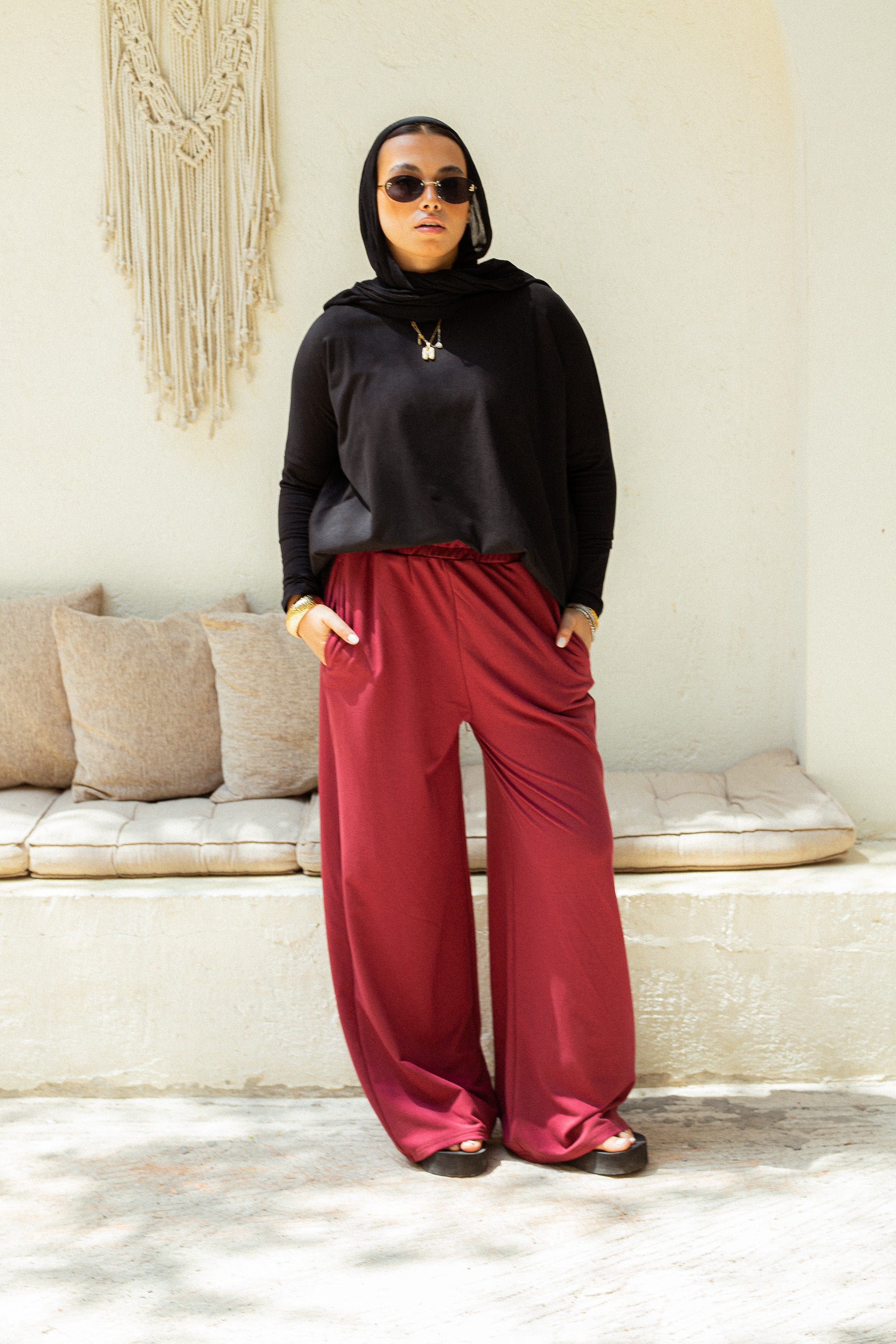 Burgandy stretchy wide leg sweatpants