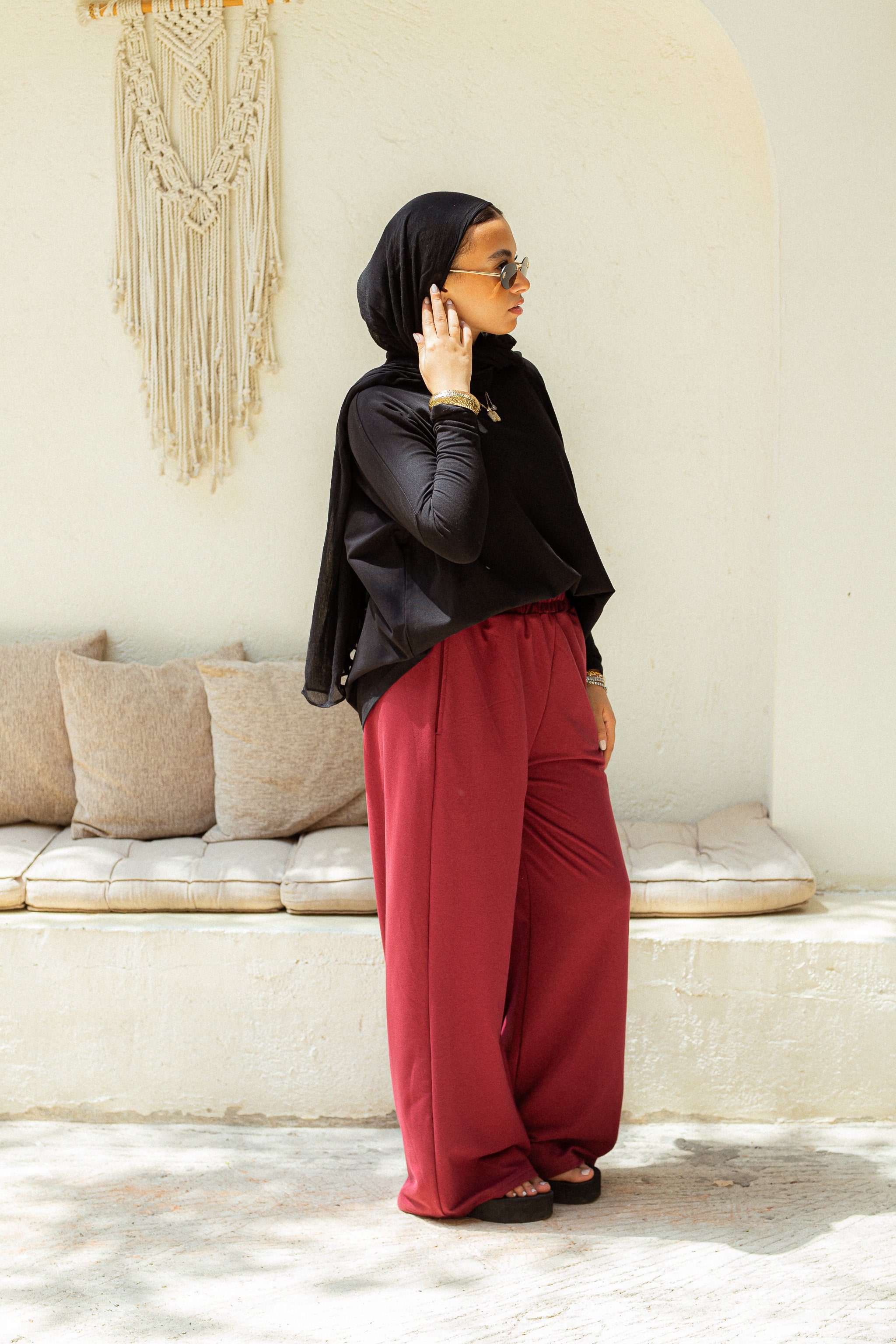 Burgandy stretchy wide leg sweatpants