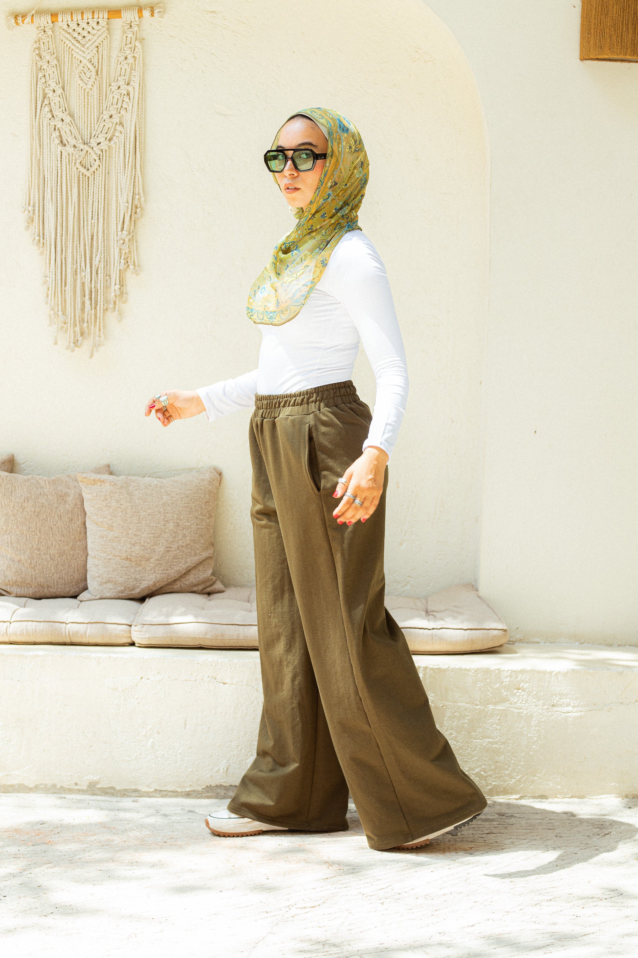 Khaki stretchy wide leg sweatpants
