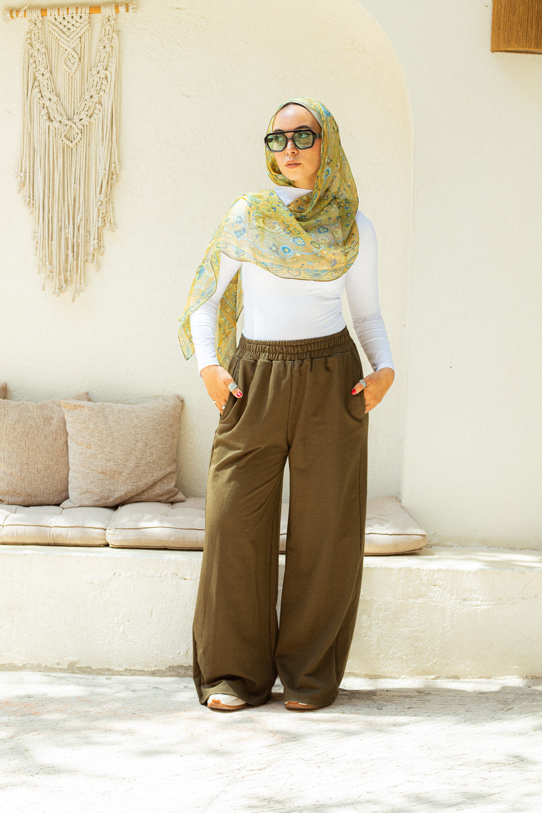 Khaki stretchy wide leg sweatpants