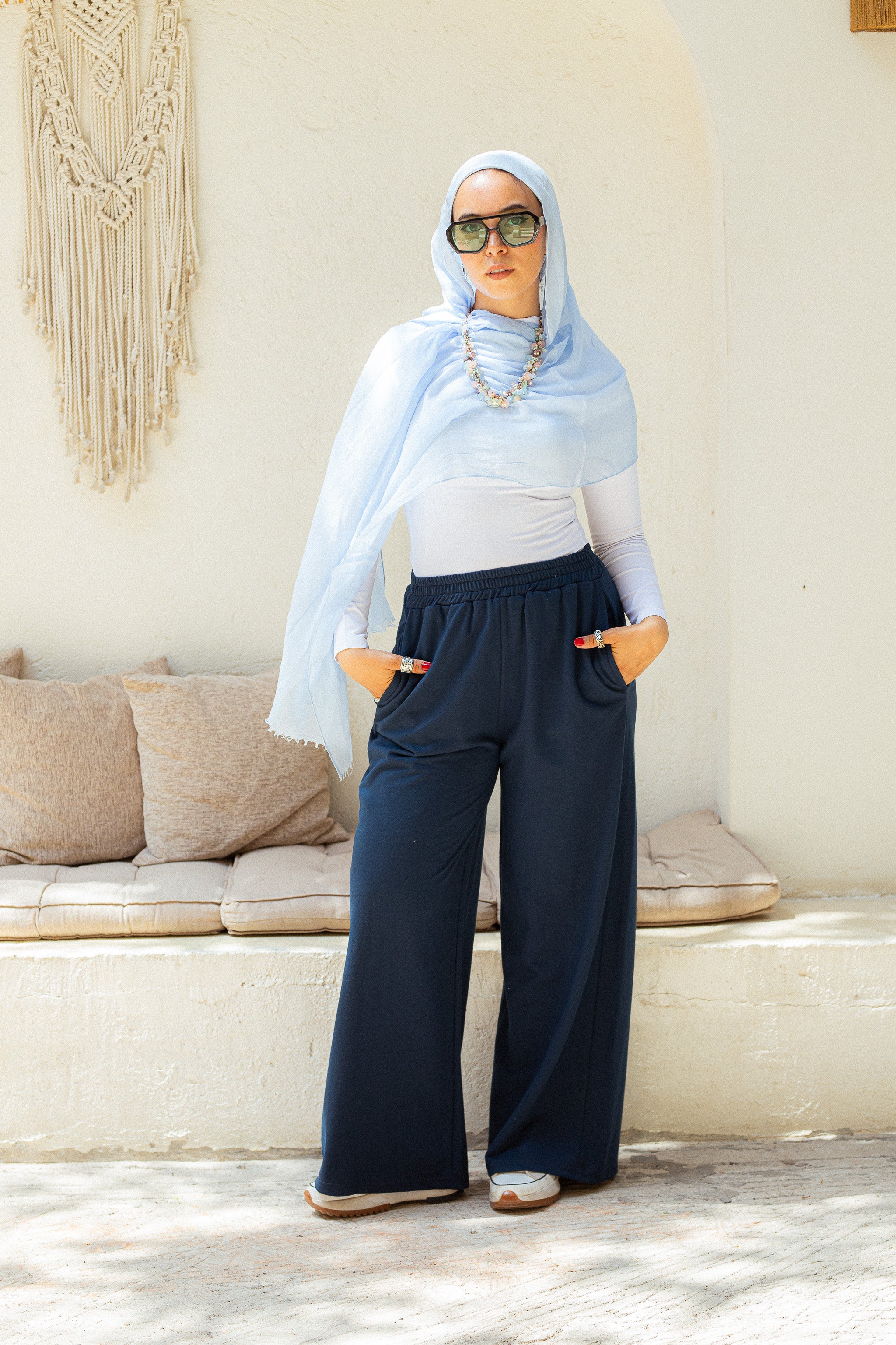 Navy Cotton wide leg sweatpants
