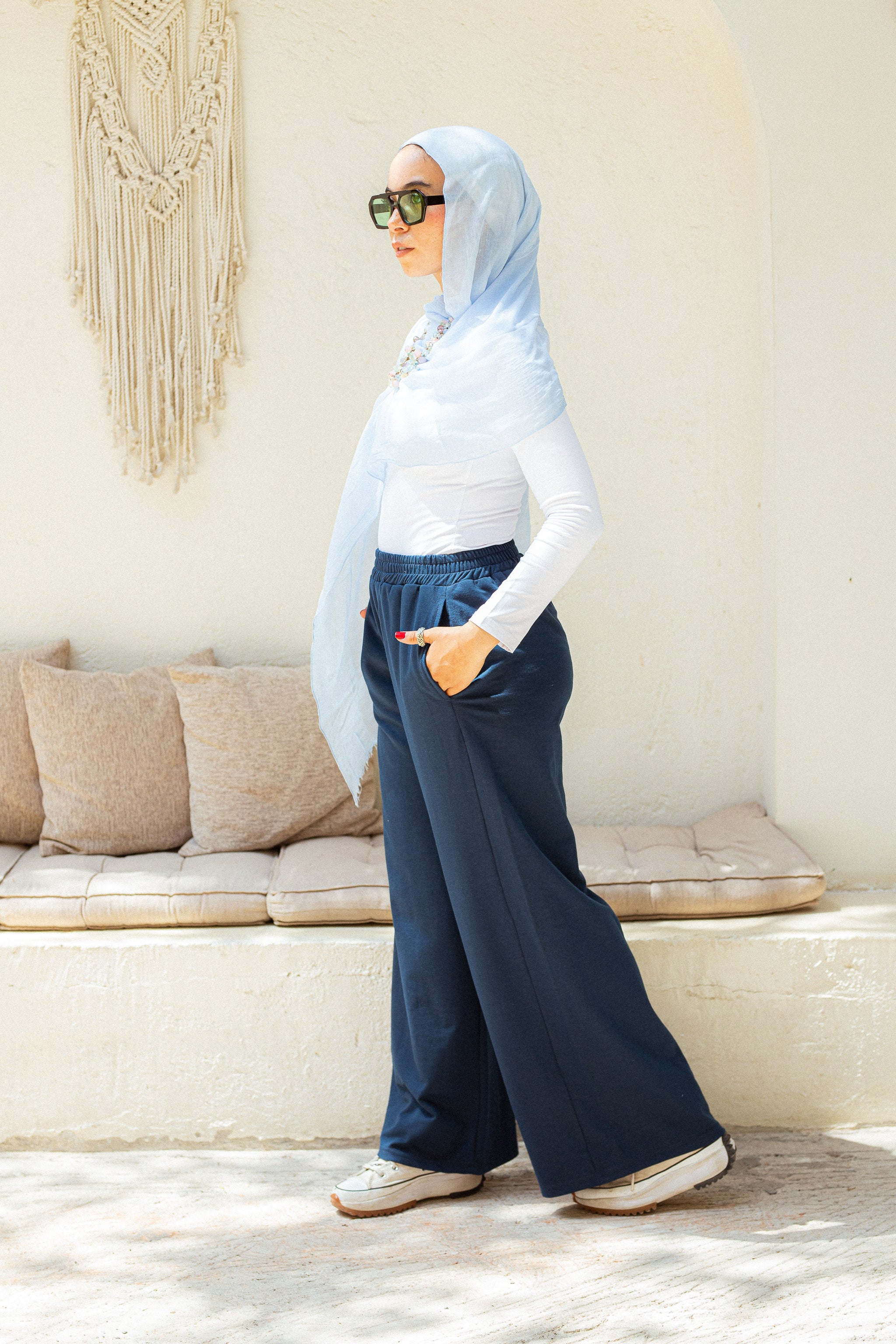 Navy Cotton wide leg sweatpants