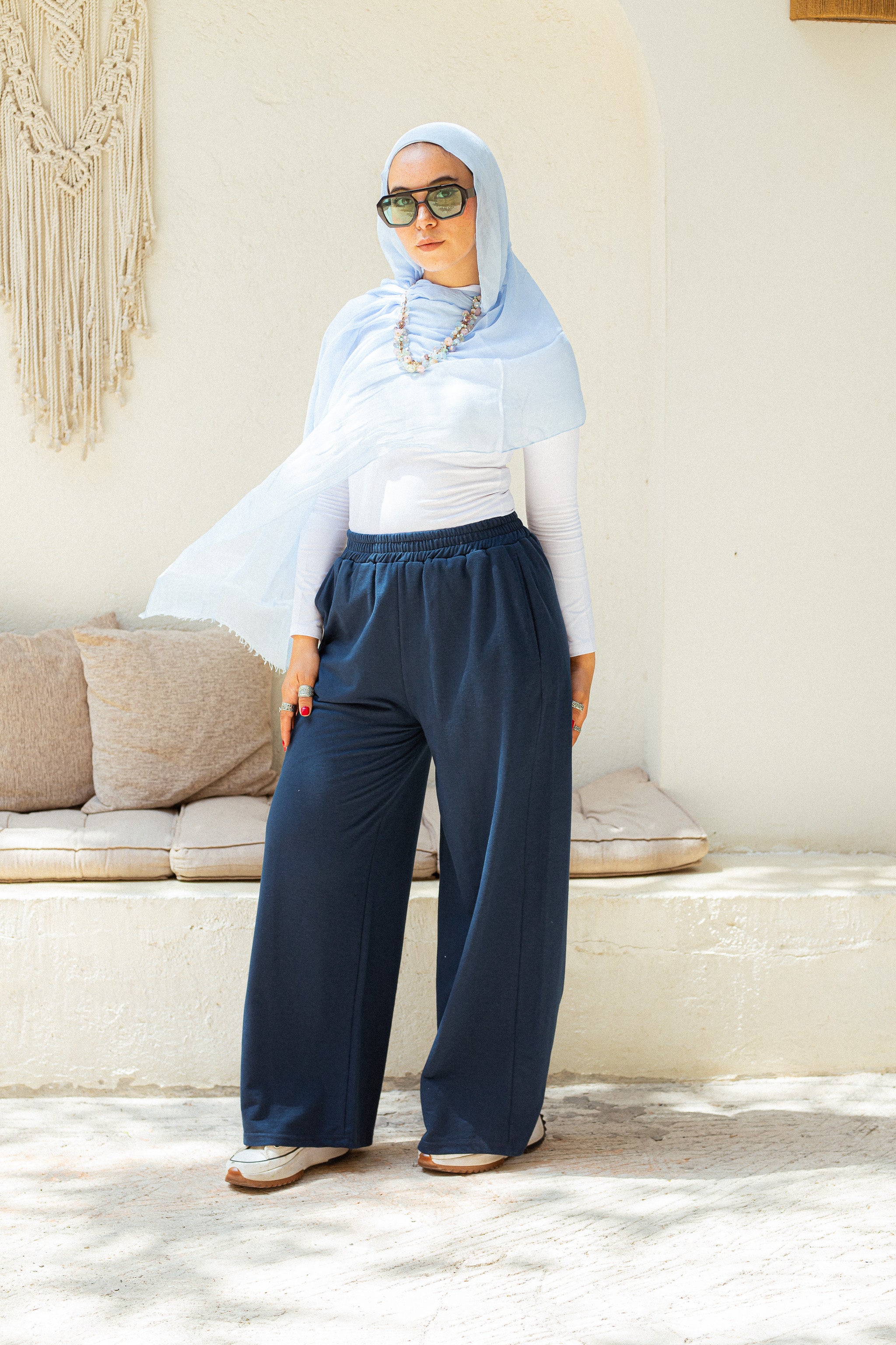 Navy Cotton wide leg sweatpants