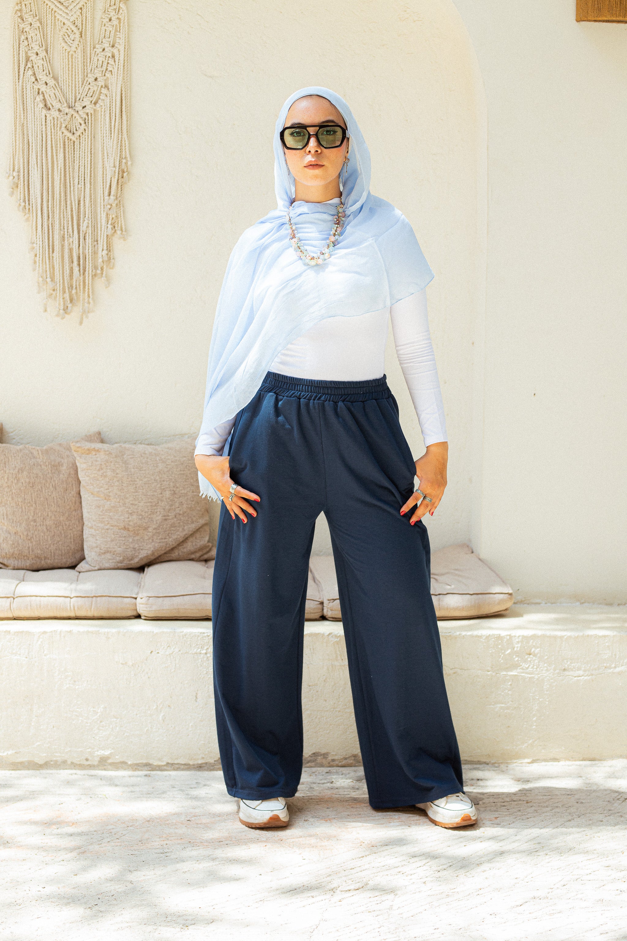 Navy Cotton wide leg sweatpants