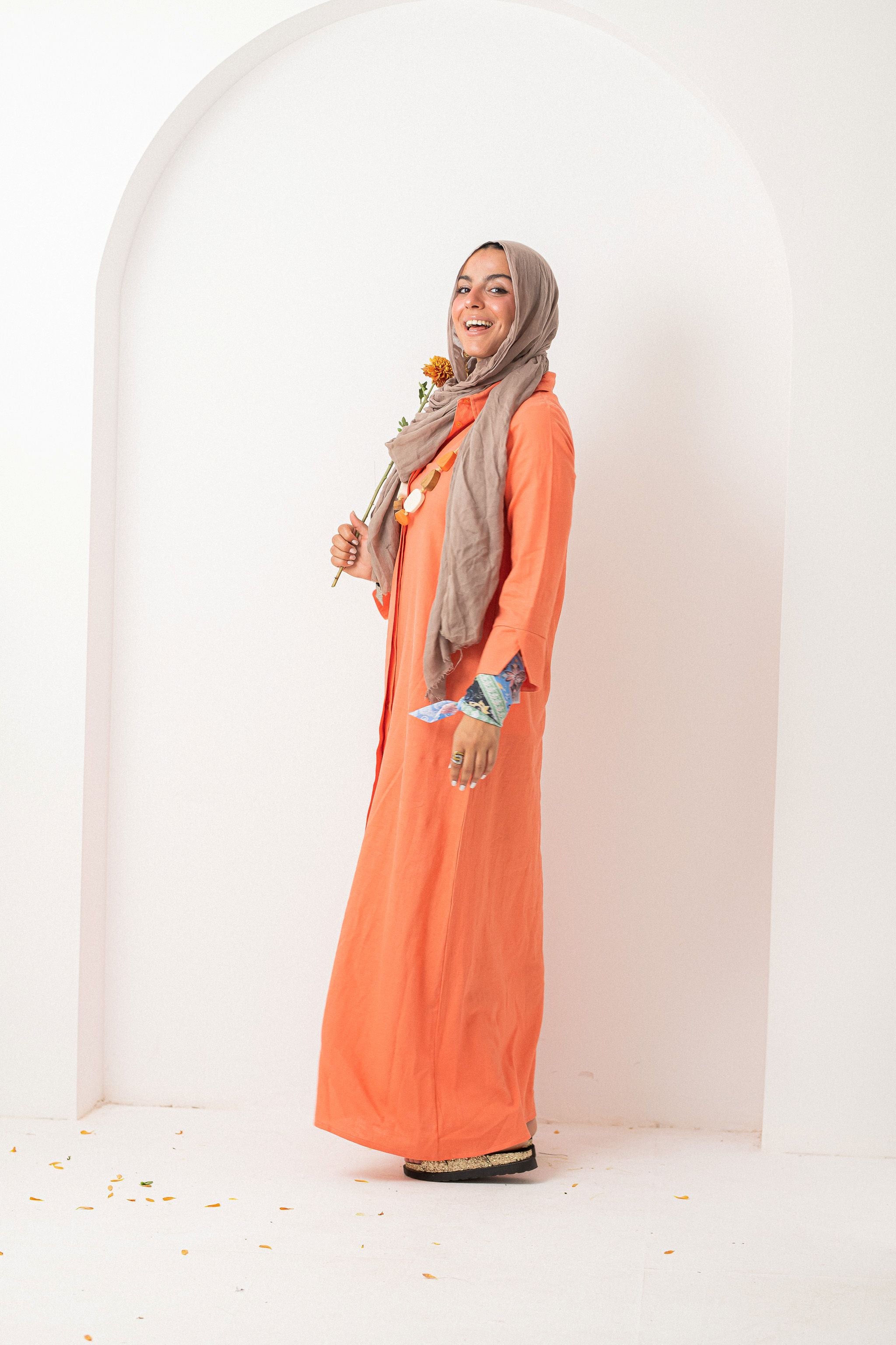Orange Washed Pure Linen Dress
