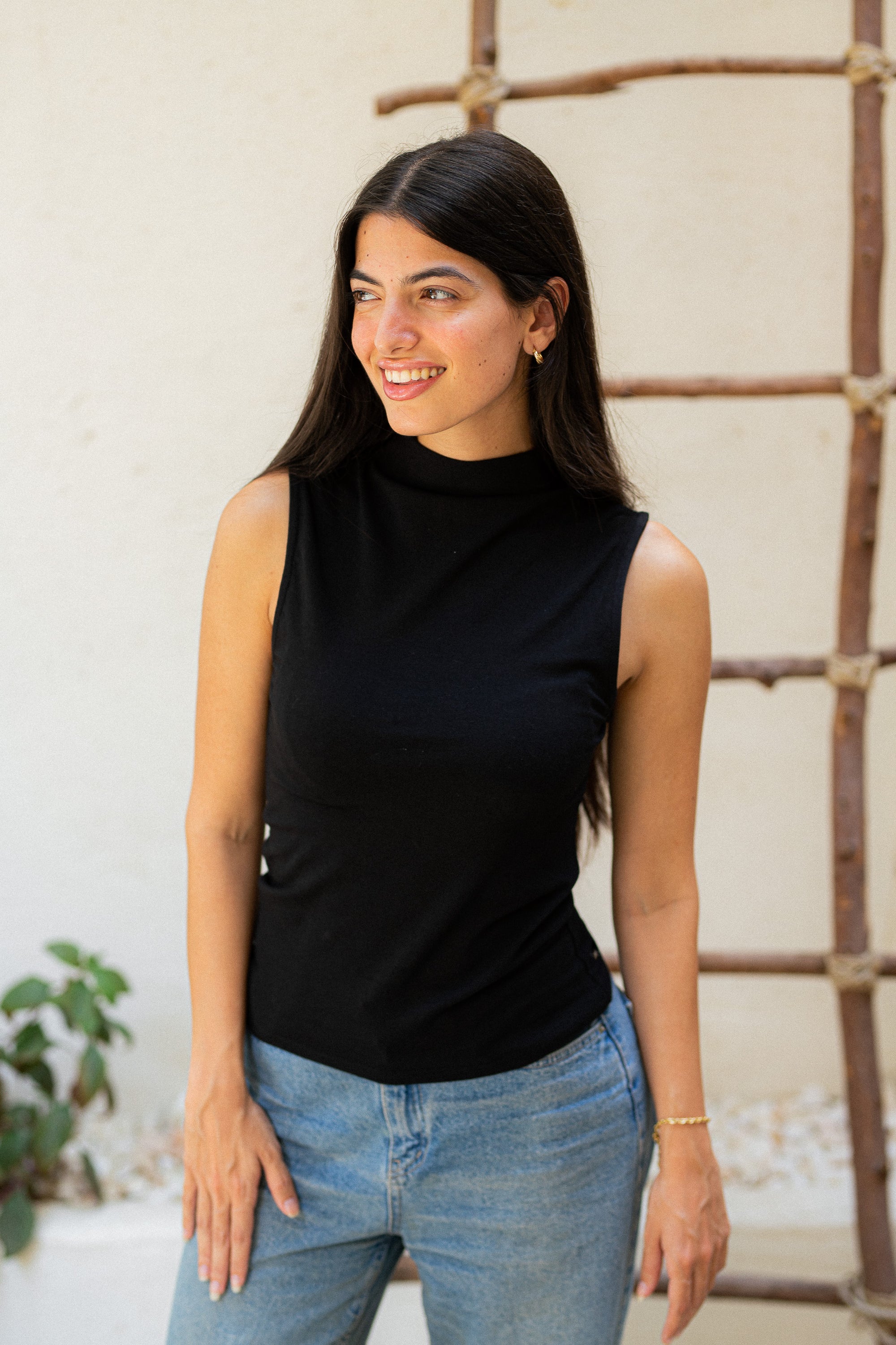 Beige Mock neck tank top