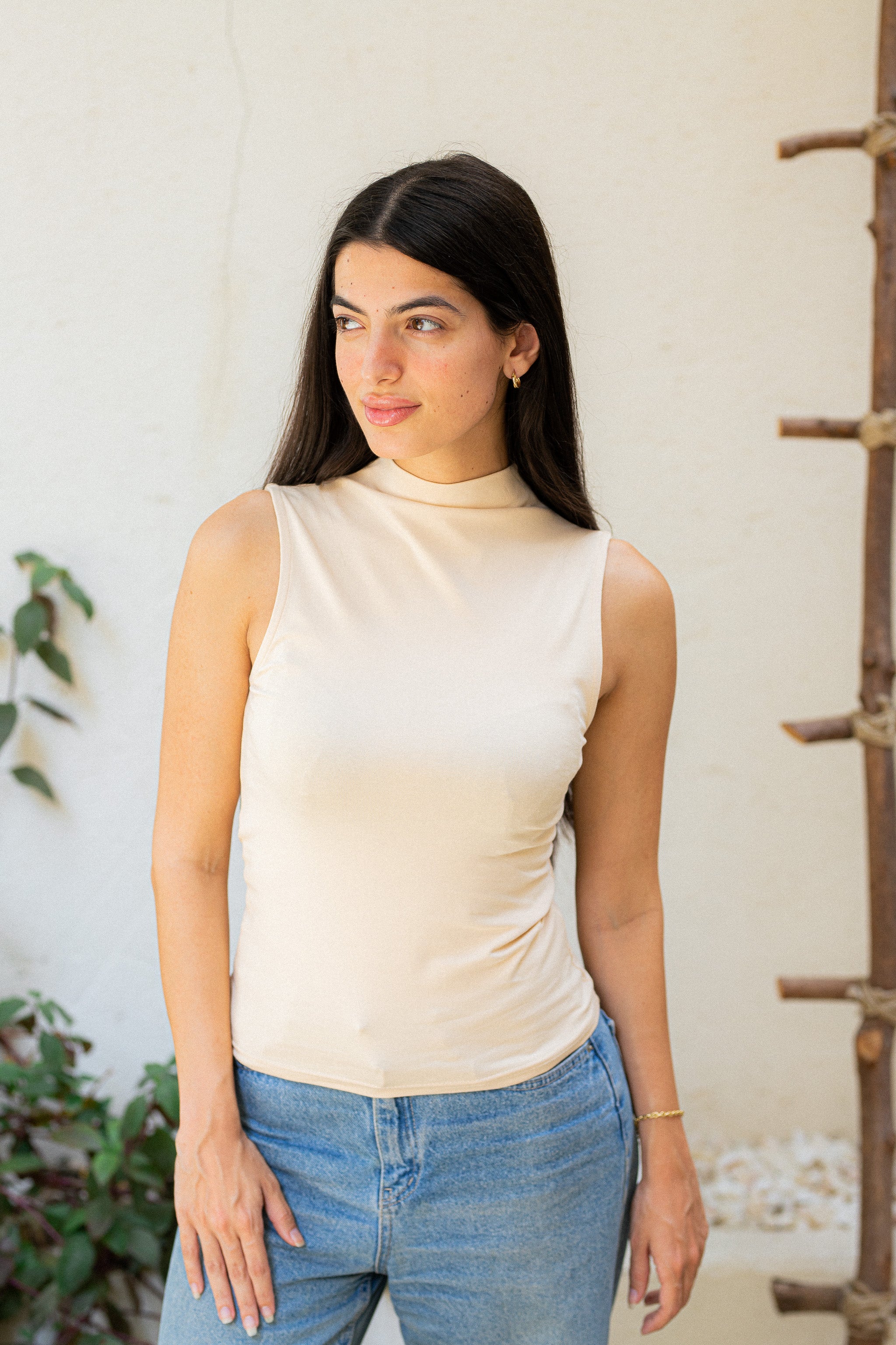 Beige Mock neck tank top