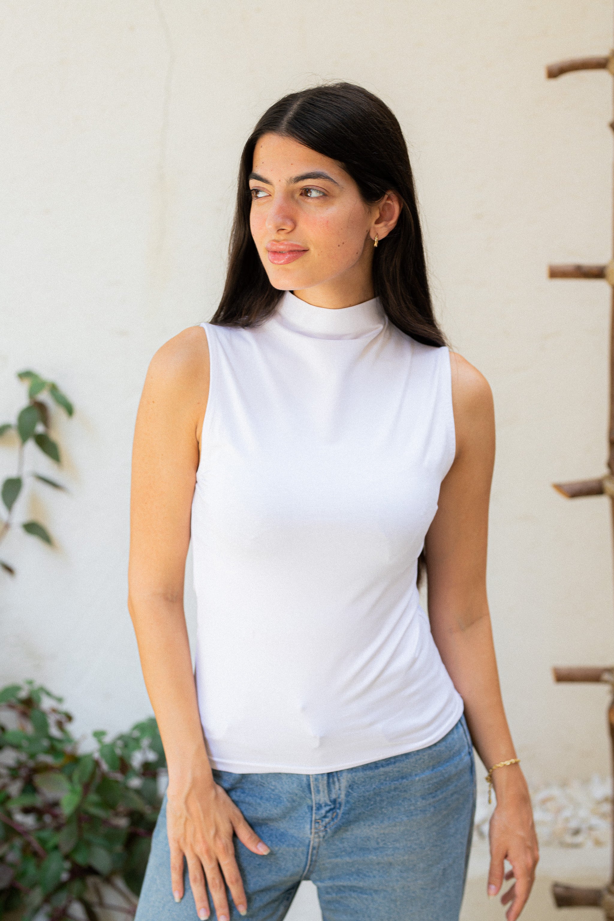 Beige Mock neck tank top