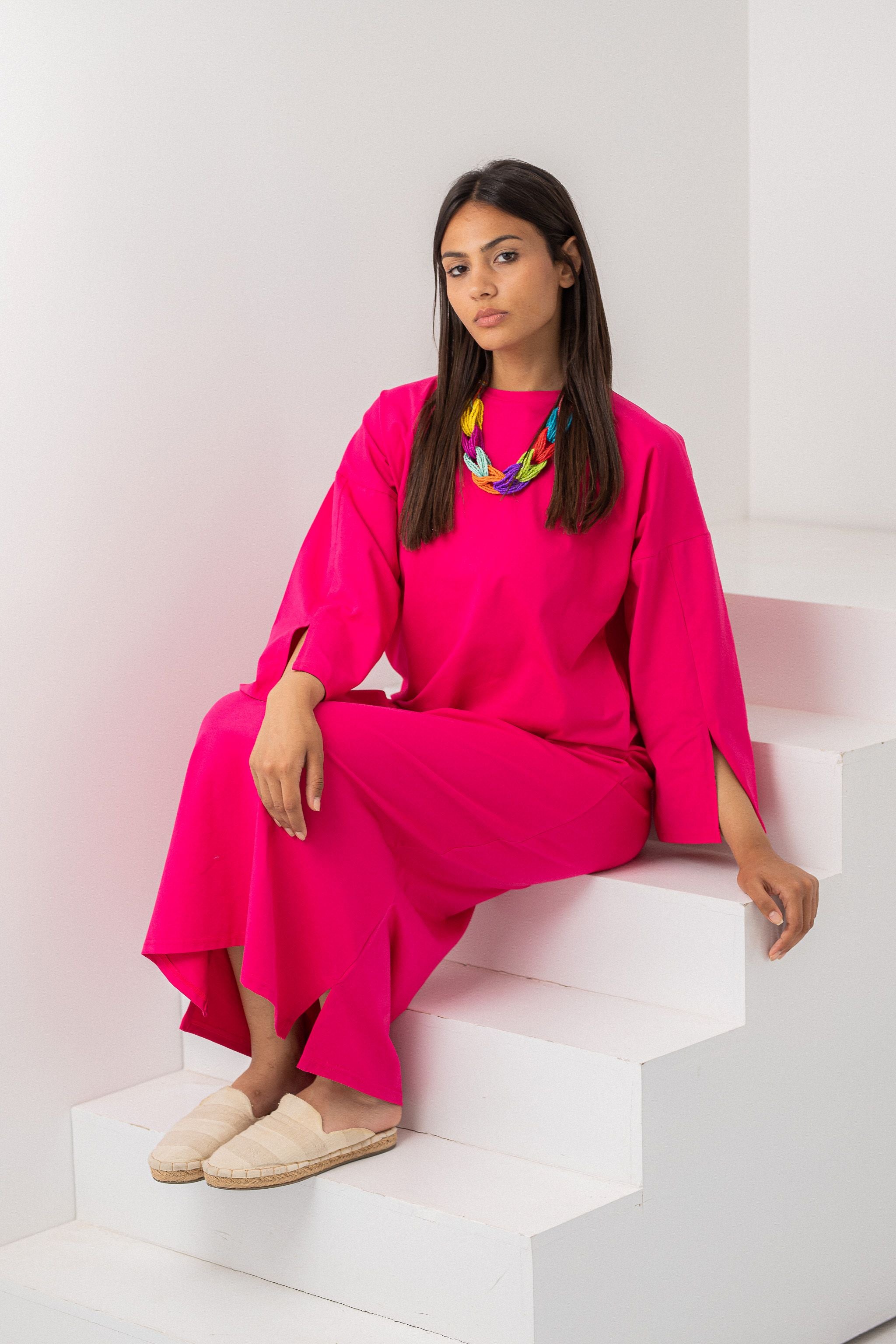 Hot Pink vent sleeve shirt dress