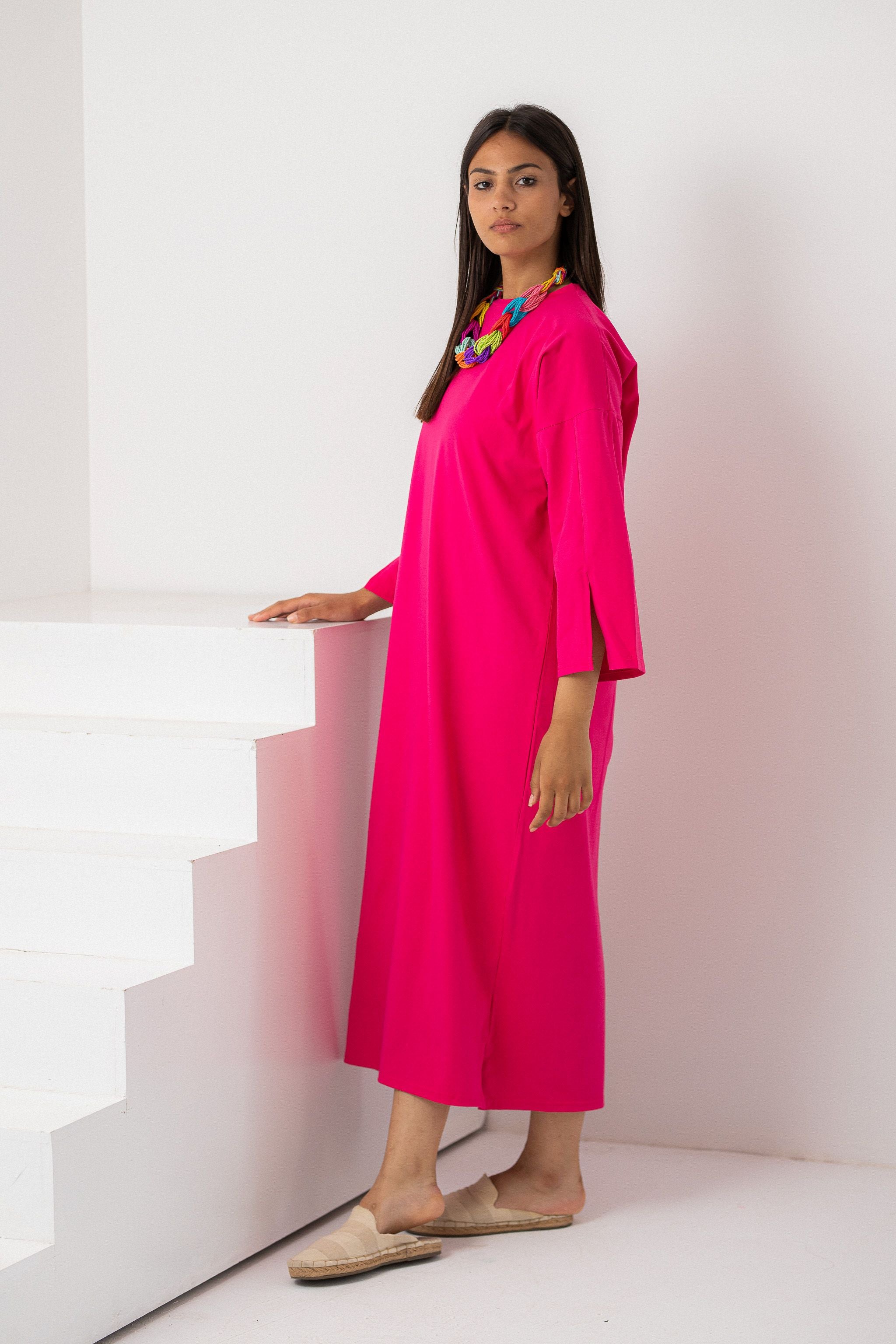 Hot Pink vent sleeve shirt dress
