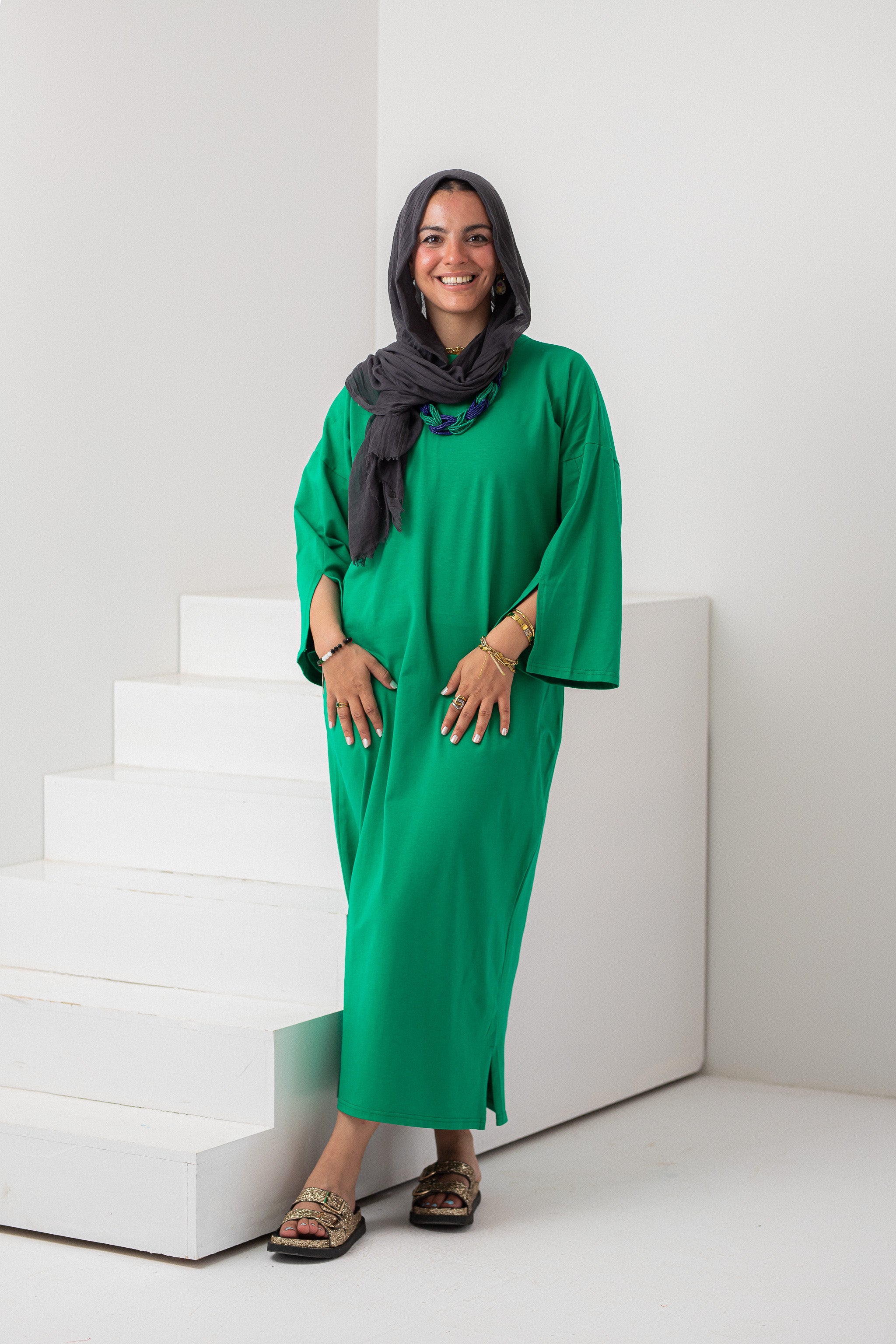 Green vent sleeve shirt dress